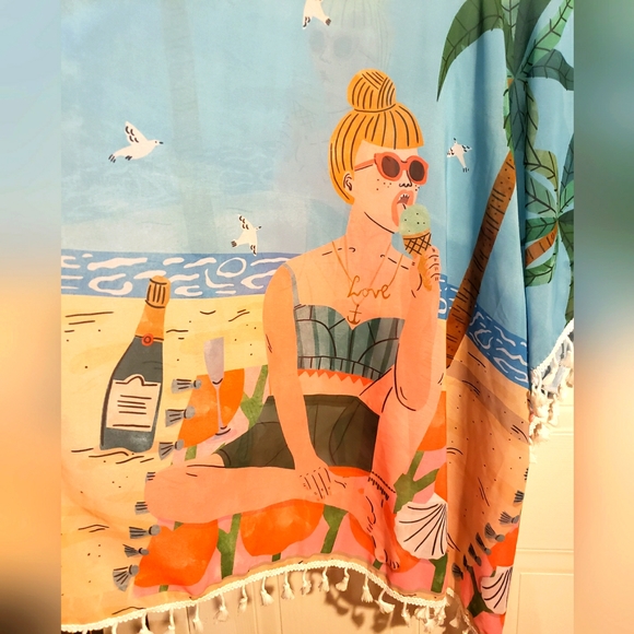 Beach Cover Tassles Beach Girl Print Arm Holes Woman Boho Gypsy Party NWOT - Picture 8 of 9